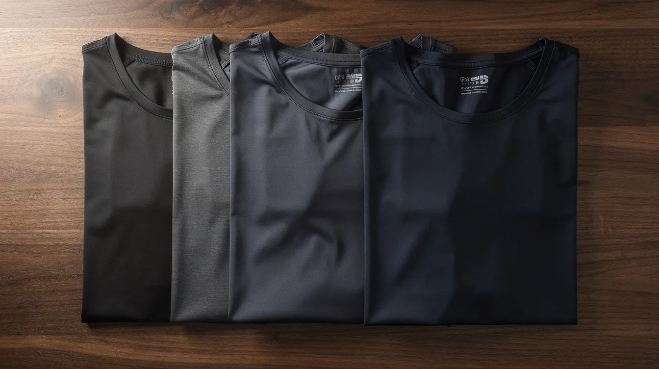 A neatly arranged collection of folded dark-colored compression tank tops and shirts is displayed on a wooden surface, showcasing various styles designed for targeted chest compression and everyday wear. These garments, ideal for hiding gynecomastia and providing all-day comfort, feature soft fabric that ensures a smoother silhouette for the upper body.