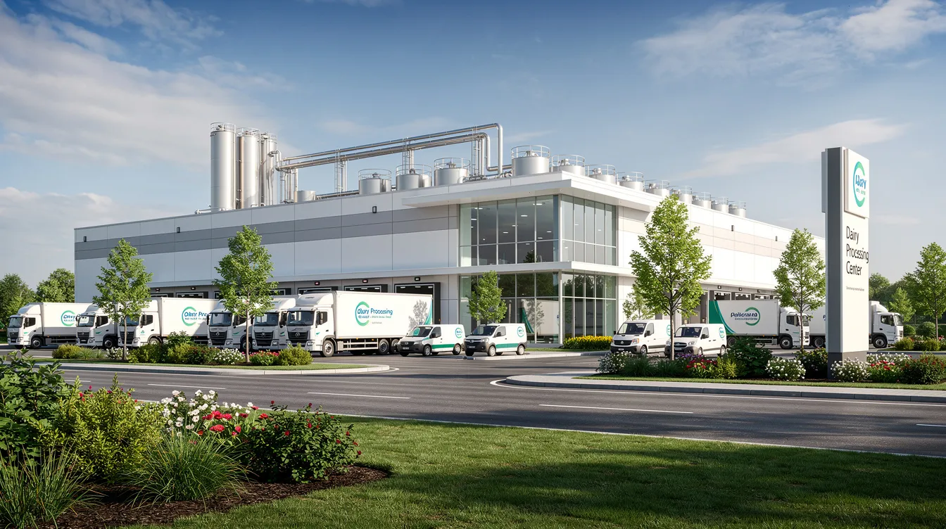 d7280415 81d1 4288 ba85 408d2c7b37e9 The image depicts a modern dairy processing plant building, characterized by its sleek architecture, surrounded by delivery vehicles and lush green landscaping. This facility is essential for the production of various dairy beverages, including fruit flavored milk drinks and ready to drink products, highlighting the beverage industry's focus on quality assurance and operational efficiency.