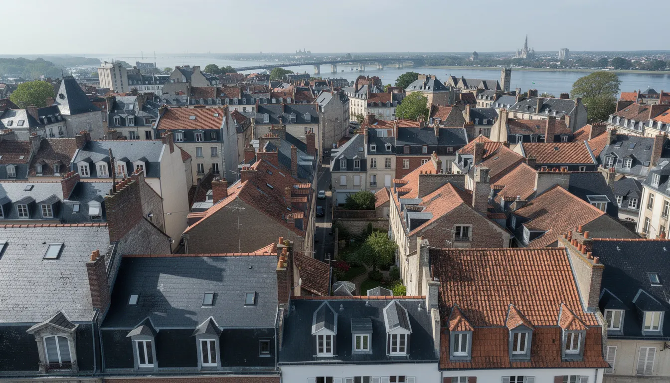 Une vue aérienne des toits de Nantes révèle un paysage architectural où se mêlent des ardoises et des tuiles sur des maisons traditionnelles. Cette image illustre le savoir-faire des couvreurs à Nantes, mettant en avant la diversité des matériaux utilisés pour la couverture des toitures.