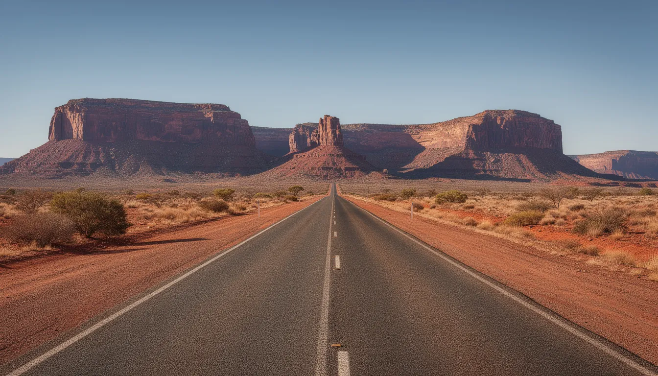 The image depicts an empty outback road leading towards striking red rock formations under a clear blue sky, embodying the natural beauty of a perfect winter getaway. This serene landscape invites outdoor enthusiasts to explore the vast, open space, ideal for a peaceful drive in a rental car.