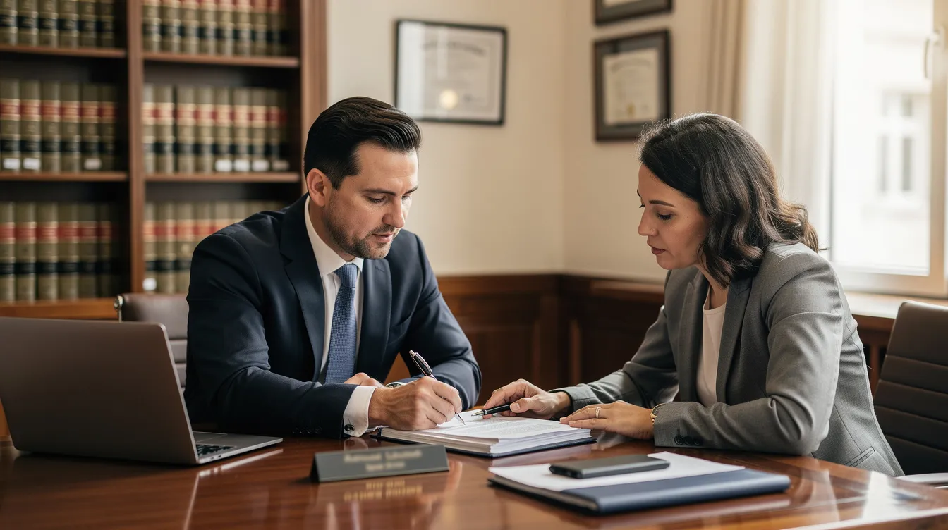 A lawyer and a client are seated across from each other at a desk in an office, reviewing paperwork related to an insurance claim, likely involving a car accident. The atmosphere suggests a discussion about the claims process, including details such as the police report and vehicle damage.
