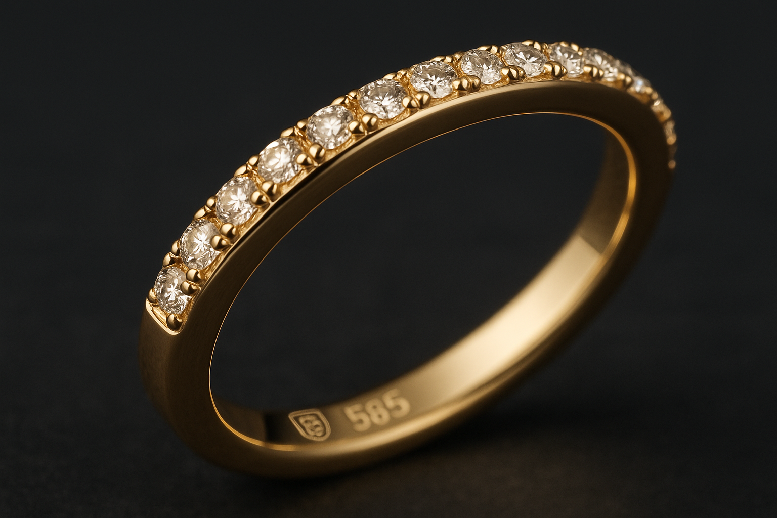 Auksinio žiedo su deimantais nuotrauka, kurio vidinėje pusėje matomas Lietuvos prabavimo rūmų ženklas su Vyčiu ir skaičiumi 585