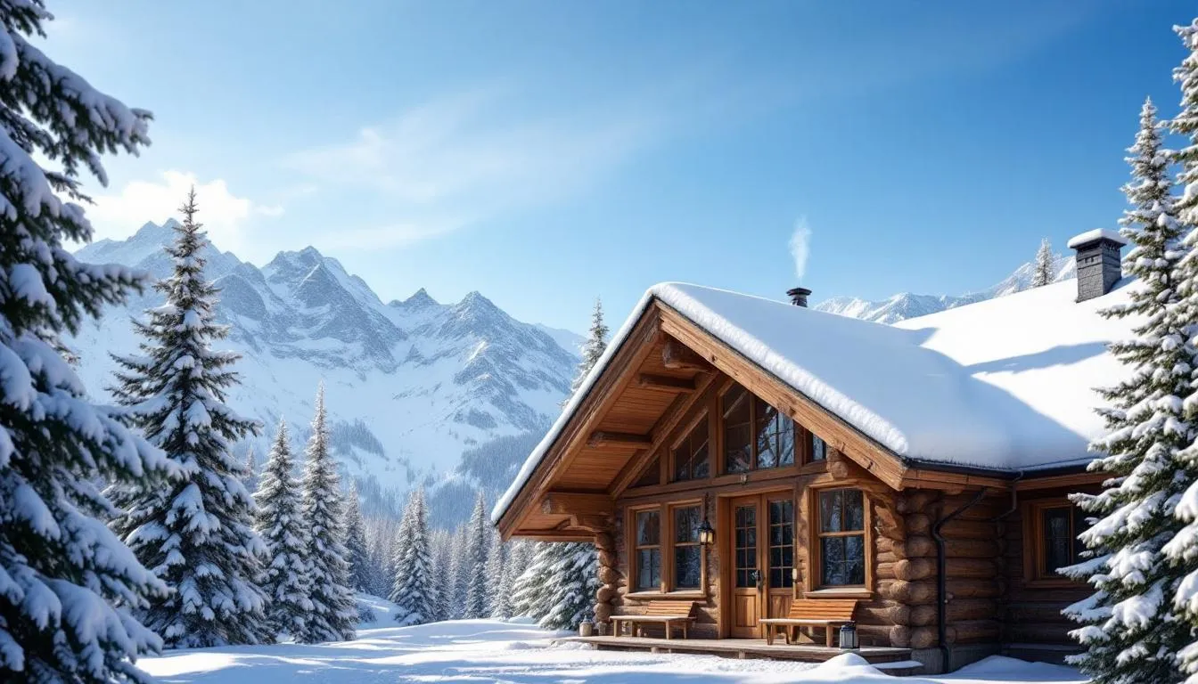 The image depicts the exterior of a mountain lodge, surrounded by majestic snow-covered peaks, typical of the Brian Head Resort area in southern Utah. This inviting lodge serves as a perfect retreat for guests looking to enjoy winter activities and the beautiful landscape.