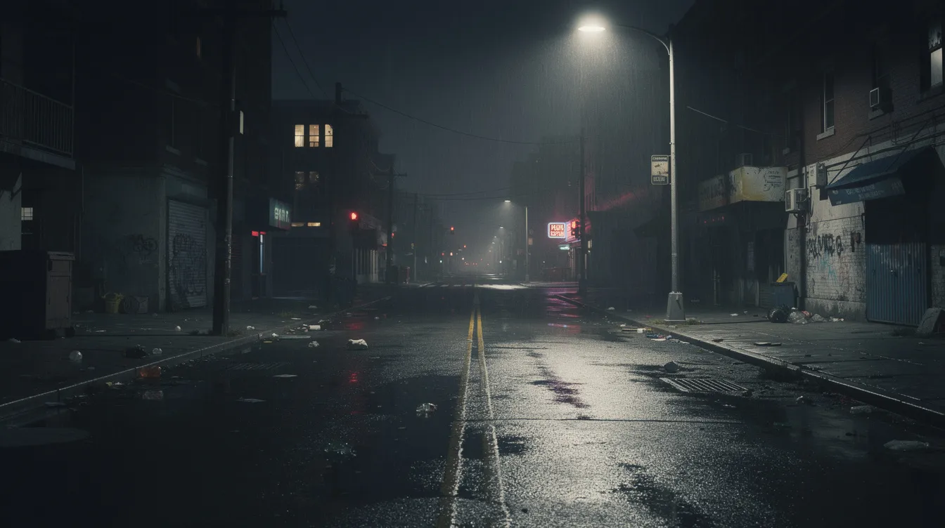 The image depicts an empty city street at night illuminated by a solitary streetlight, evoking feelings of loneliness and the potential for risky choices. This scene reflects the psychological predisposition and impulsive behavior often associated with an addictive personality, highlighting the isolation that can accompany substance use and the adverse consequences of addiction.
