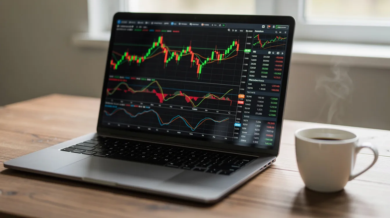 The image shows a laptop screen filled with candlestick charts, commonly used by forex traders to analyze currency prices and market volatility. Beside the laptop, there is a coffee cup, suggesting a cozy trading environment for those looking to start forex trading or develop their trading strategies.