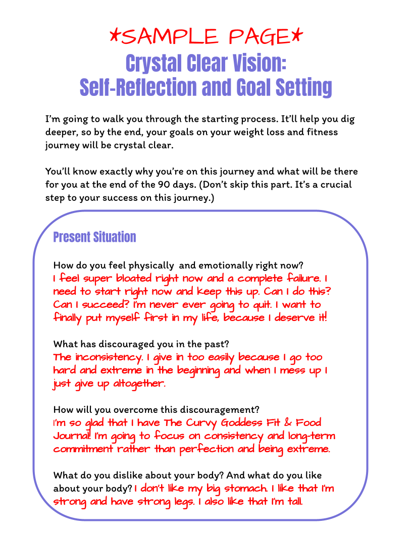 goal setting page of fit and food journal