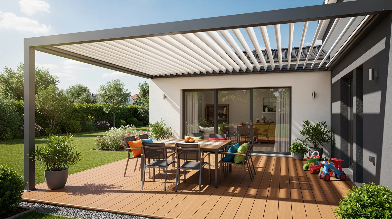 Une terrasse familiale est aménagée sous une pergola bioclimatique adossée à une maison moderne, offrant une protection contre le soleil grâce à ses lames orientables. La scène se déroule par une journée ensoleillée, mettant en valeur l'espace extérieur confortable et accueillant.