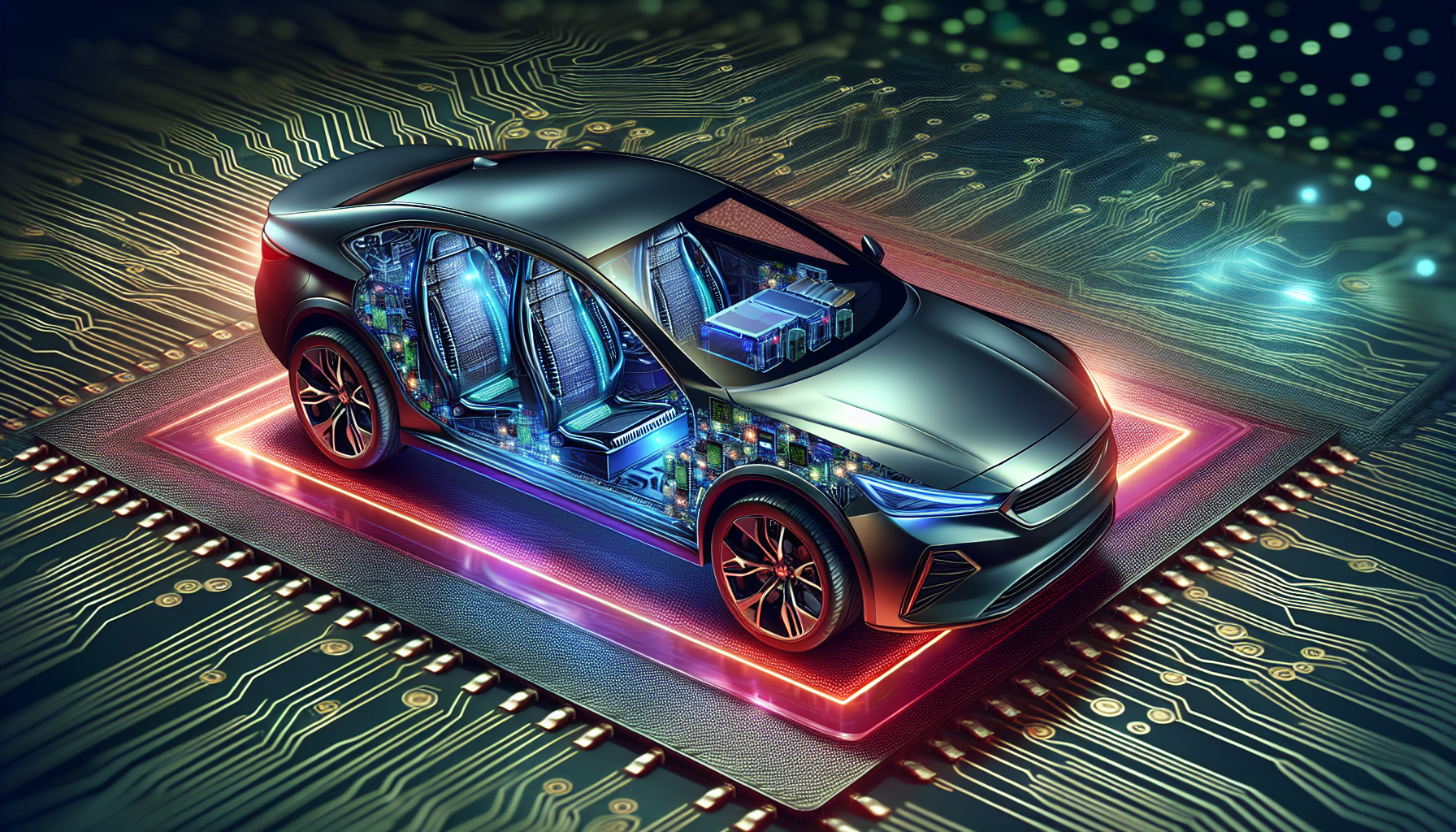 Illustration of modern car with semiconductor chips