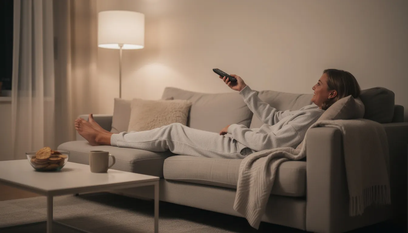 A person is comfortably seated on a couch, holding a TV remote control, ready to navigate their favorite streaming apps on a fire TV stick. The scene suggests a cozy atmosphere for enjoying various streaming services like Amazon Prime Video or BBC iPlayer.