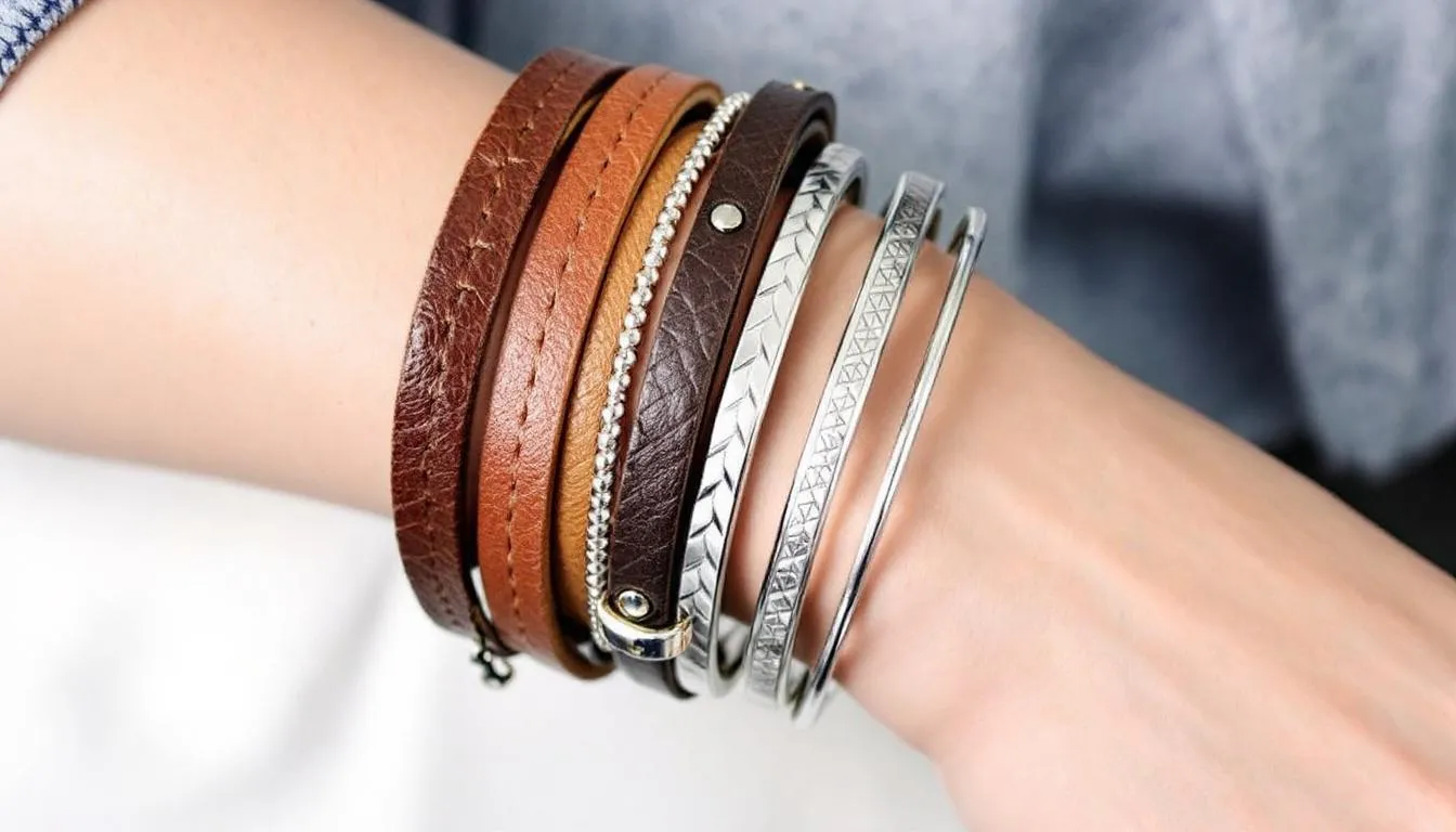 A woman's wrist is adorned with a stylish stack of various leather bracelets and metal bangles, showcasing a beautiful mix of colours and textures that add a trendy flair to her jewellery collection. This eye-catching arrangement is perfect for any occasion, highlighting the versatility of women's leather bracelets.