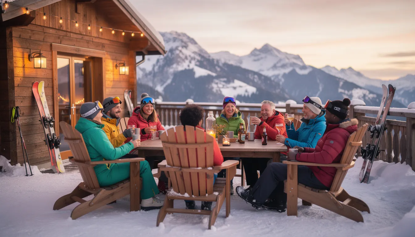 A group of friends and family is gathered outside a cozy mountain lodge, enjoying drinks and lively conversation after a fun day of skiing at one of Utah's best ski resorts. The backdrop features snow-covered peaks, creating a perfect winter atmosphere for their ski vacation.