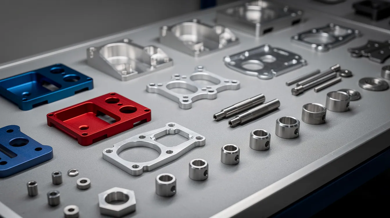 The image features an inspection table displaying an array of finished metal parts, showcasing various surface treatments such as anodized, polished, and bead-blasted finishes, highlighting the quality of custom CNC machined parts. These parts exemplify precision manufacturing techniques and the diverse applications of CNC machining processes.