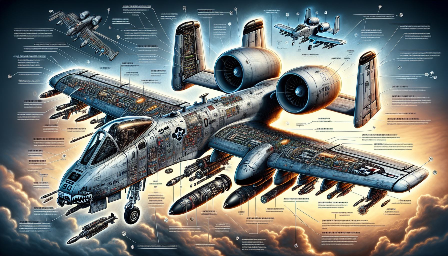 An artistic depiction of the A-10 Thunderbolt II's armament and weapon systems.