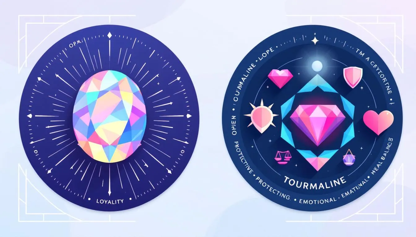 The image features a graphic that illustrates the symbolism of opal and tourmaline, showcasing opal's associations with creativity, loyalty, and hope, alongside tourmaline's meanings of protection, emotional healing, and balance. Vibrant colors representing these precious gems, including the rainbow hues of opal and the calming greens and pinks of tourmaline, enhance the visual representation of October's birthstones.