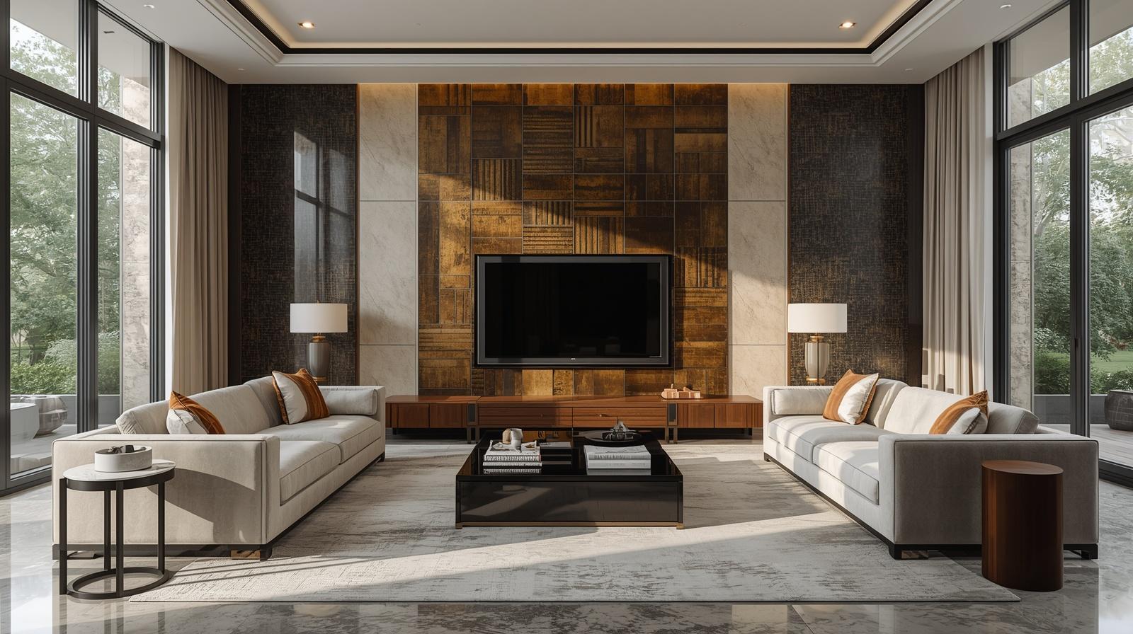 A full, wide-angle view of an opulent, contemporary living room bathed in abundant natural light, showcasing a dramatic, bold geometric tile feature wall with exceptionally wide grout lines in a starkly contrasting color.