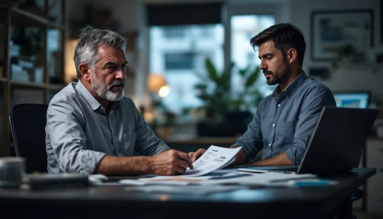 A small business owner appears anxious as they weigh the options of equipment financing versus paying cash for new or used equipment, reflecting on their personal credit score and how it may impact their ability to secure bad credit equipment financing. The scene highlights the challenges faced in managing cash flow and the importance of understanding various loan or lease options available for business financing.
