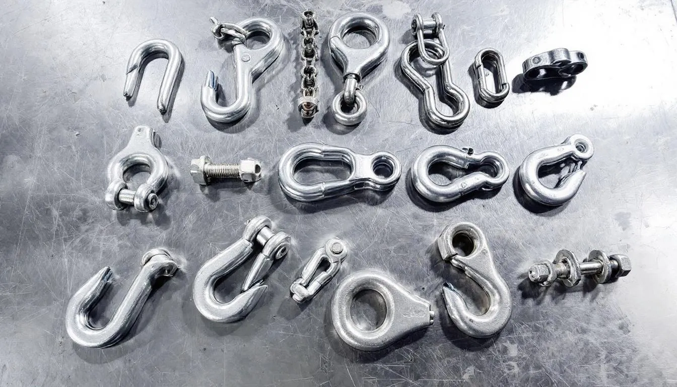 The image displays various types of chain sling hooks and hardware attachments arranged on an industrial surface, highlighting their different designs and functionalities. These components, including alloy steel chain slings and self-locking hooks, are essential for overhead lifting applications and ensuring safety during heavy duty lifting operations.