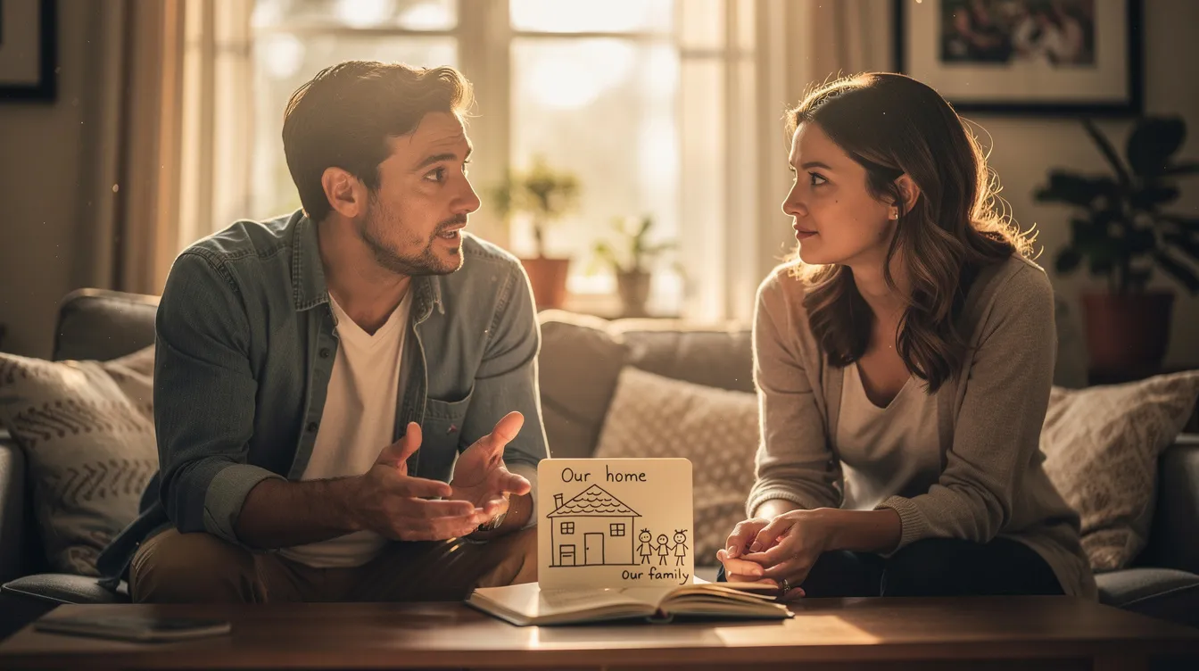A man is passionately explaining his dreams of a house and a family to a woman, showcasing his future plans. The conversation hints at the potential for future faking, as he makes grand promises about their shared future and emotionally invests in the discussion, while she listens attentively, weighing the sincerity of his intentions.