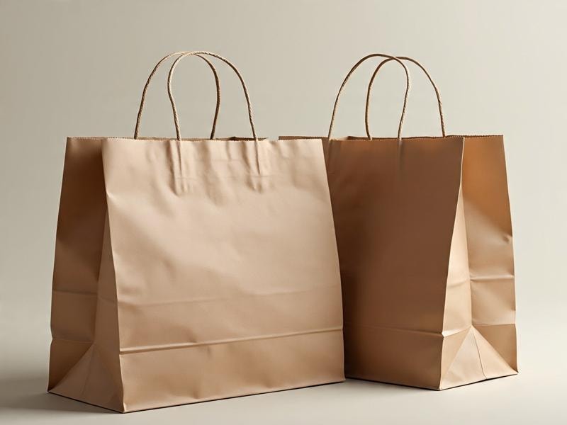 An image of two brown paper bags with handles standing side by side.