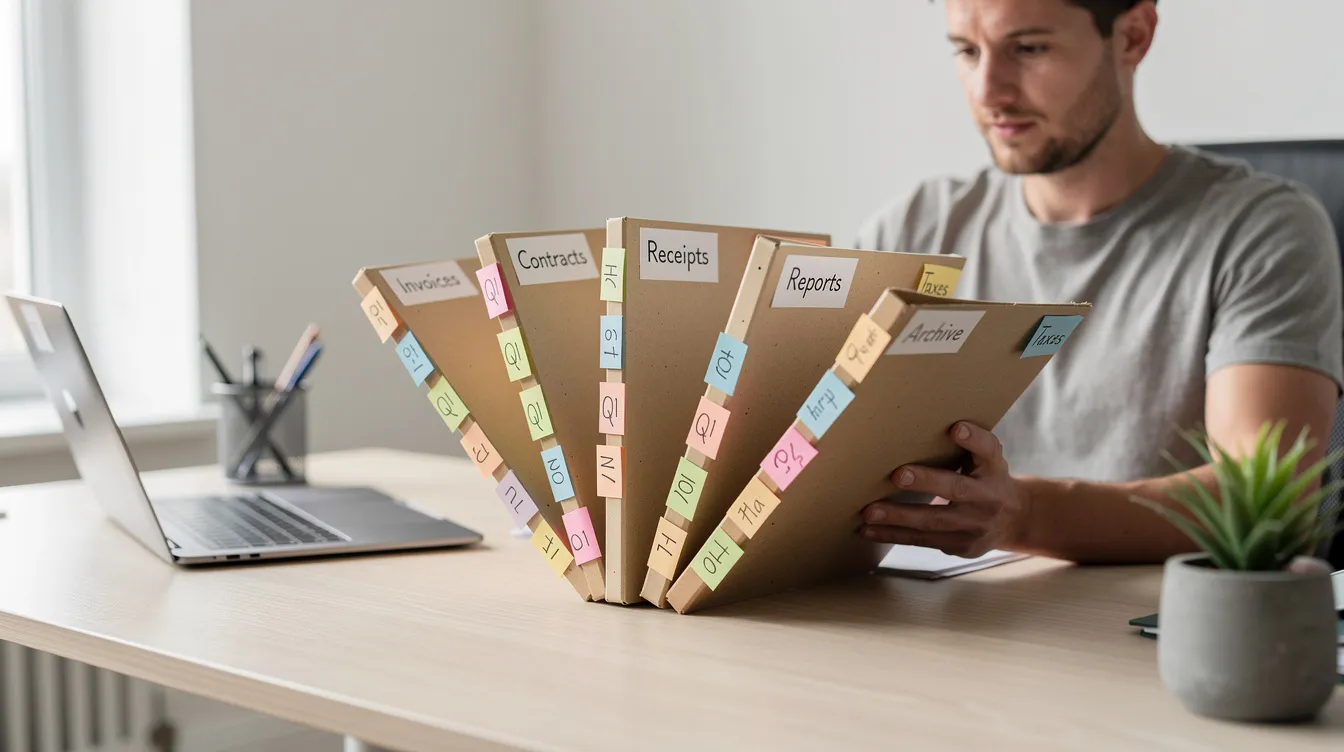 d73fa4f3 7edc 4b19 8fb7 fe4f0a47d13c A person is organizing labeled file folders with sticky tabs on a clean desk, indicating a methodical approach to managing important documents related to business loans and funding applications. The scene highlights the importance of proper paperwork and organization for micro enterprises seeking financial support under the mudra scheme.