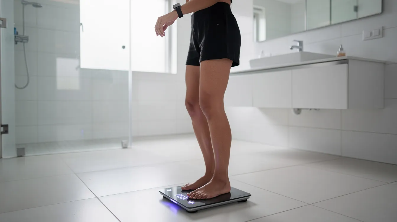 A person stands on a scale in a modern bathroom, checking their fitness tracker to monitor their weight loss journey. The scene emphasizes the importance of body composition and supports weight management efforts through effective fat burner formulas and healthy lifestyle choices.