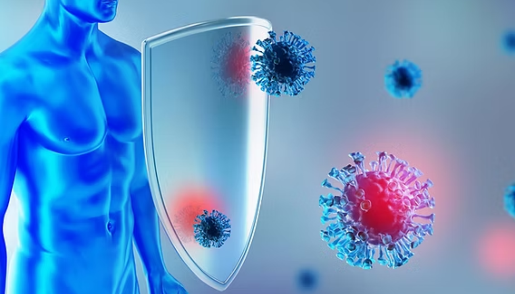 "Illustrasjon av menneskekropp med skjold som beskytter mot virus. Symboliserer et sterkt immunforsvar og kroppens naturlige beskyttelse mot infeksjoner."