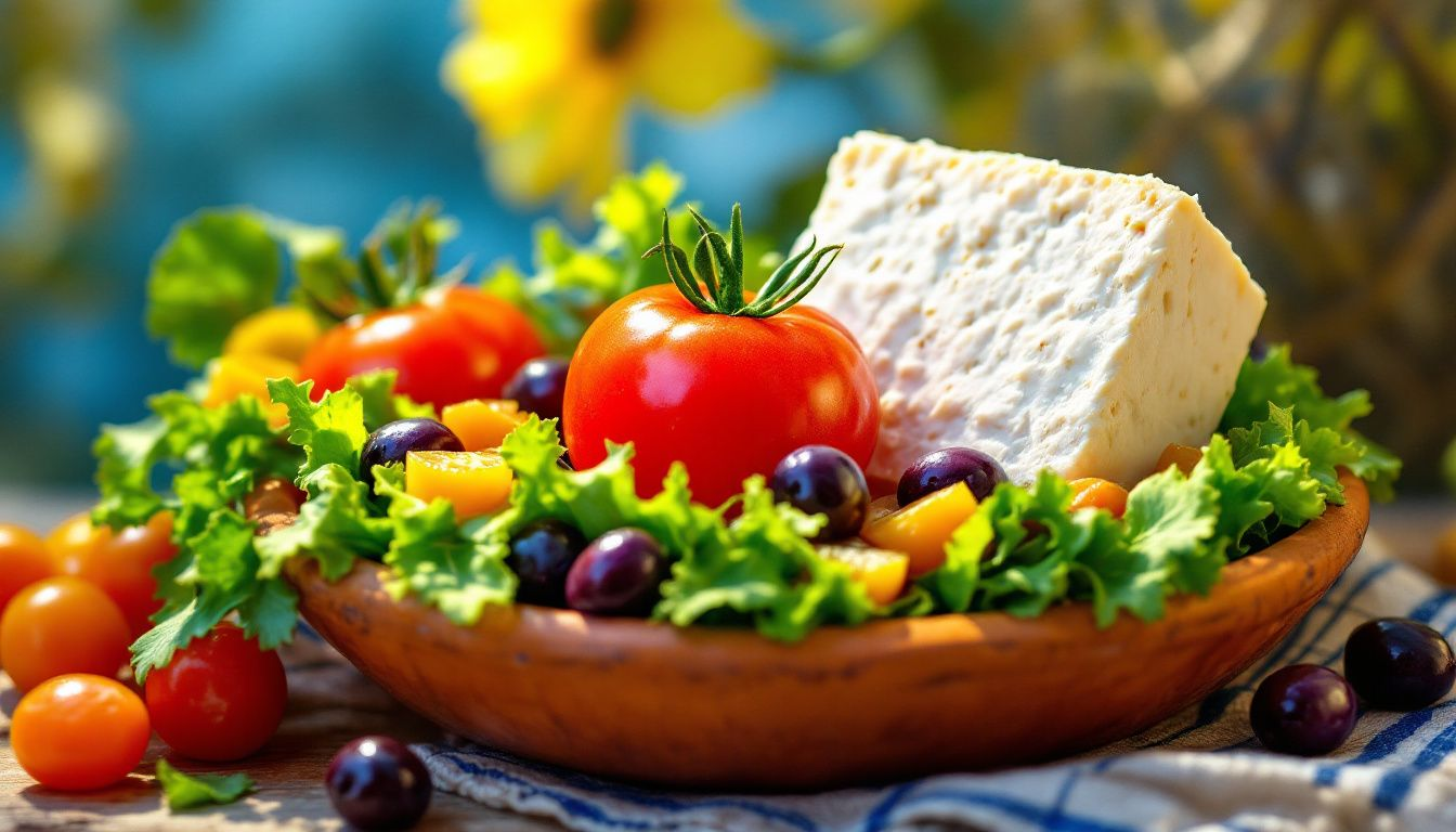 A vibrant and fresh Greek salad with feta cheese and kalamata olives.