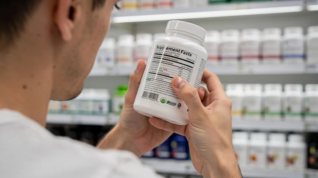A person is closely examining the label on a supplement bottle in a brightly lit retail store, likely checking for details about hemp derived THCA products and their legal status in Montana. The vibrant store environment suggests a focus on the variety of consumable hemp products available for purchase.