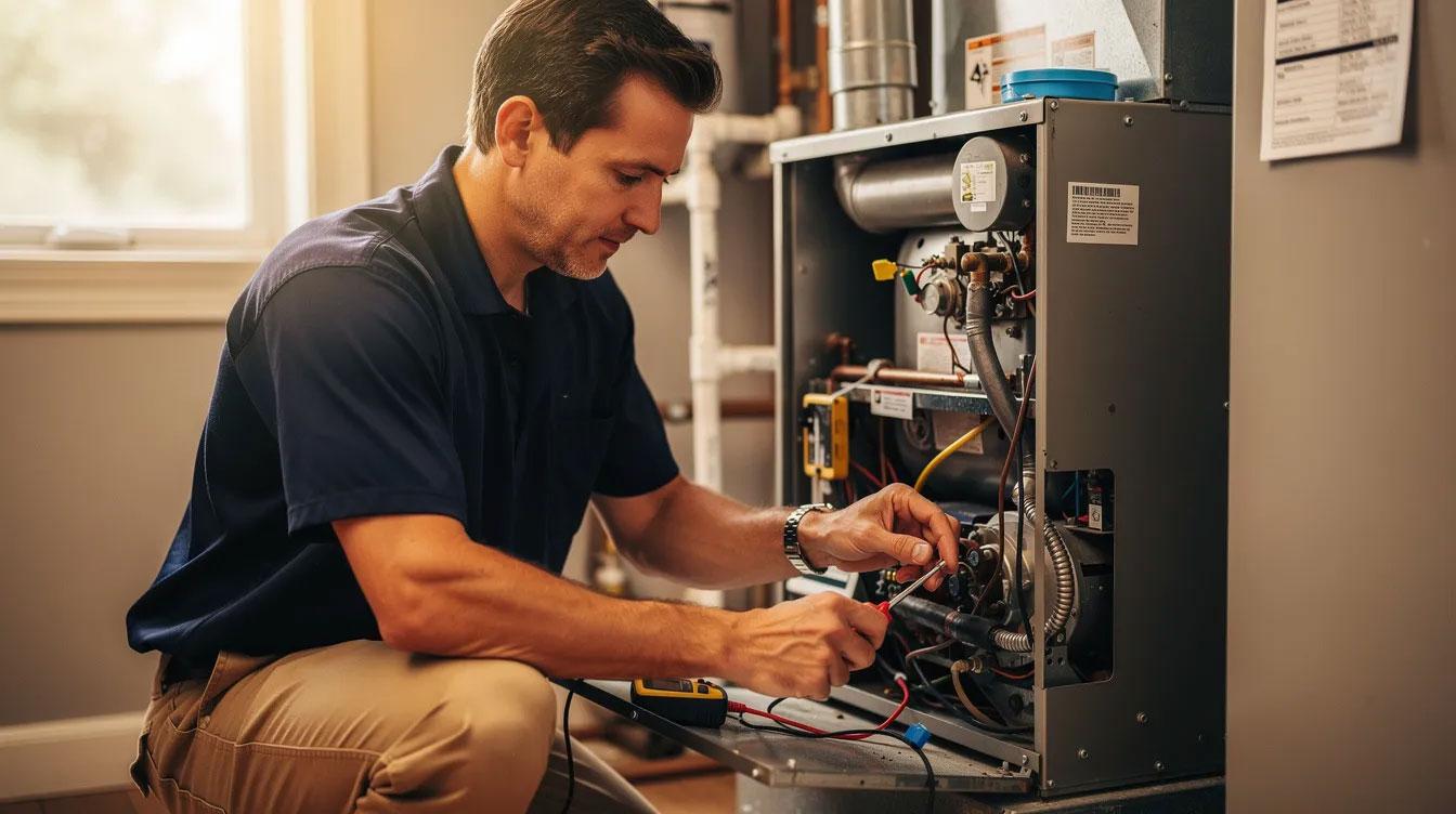 A professional HVAC technician, dressed in a navy shirt and tan pants, is focused on repairing a residential heating system, embodying a warm and friendly atmosphere. This lifestyle image highlights the commitment to home maintenance services in Licking County, ensuring comfort and peace of mind for families.