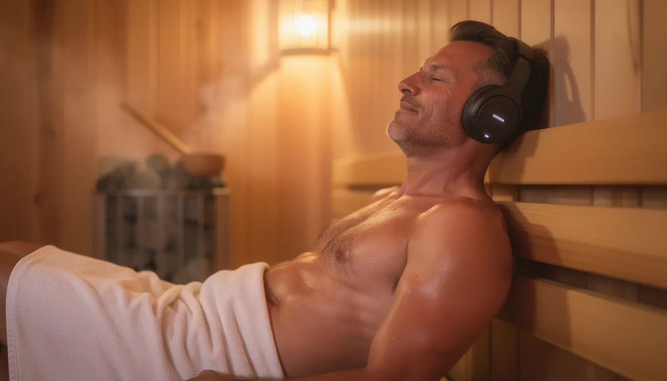 A man is relaxing in an infrared sauna session, wearing wireless headphones while enjoying the soothing heat therapy. This infrared sauna experience promotes relaxation and wellness, allowing him to breathe deeply and unwind in a quiet space.