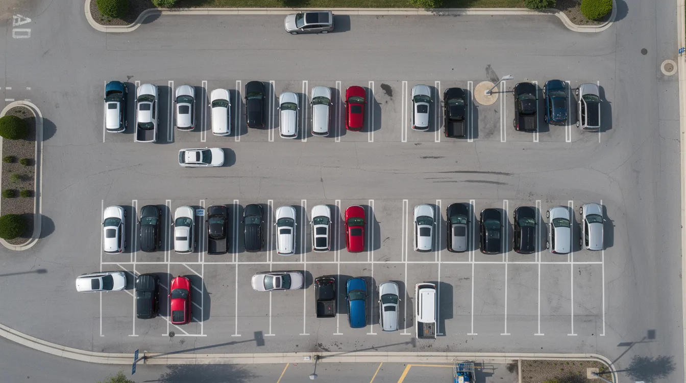 An aerial view of a parking lot showcases a variety of vehicles, including SUVs, vans, and sedans, highlighting the diverse fleet commonly found in car rental businesses. This image reflects the importance of effective fleet management and online bookings in the rental industry.
