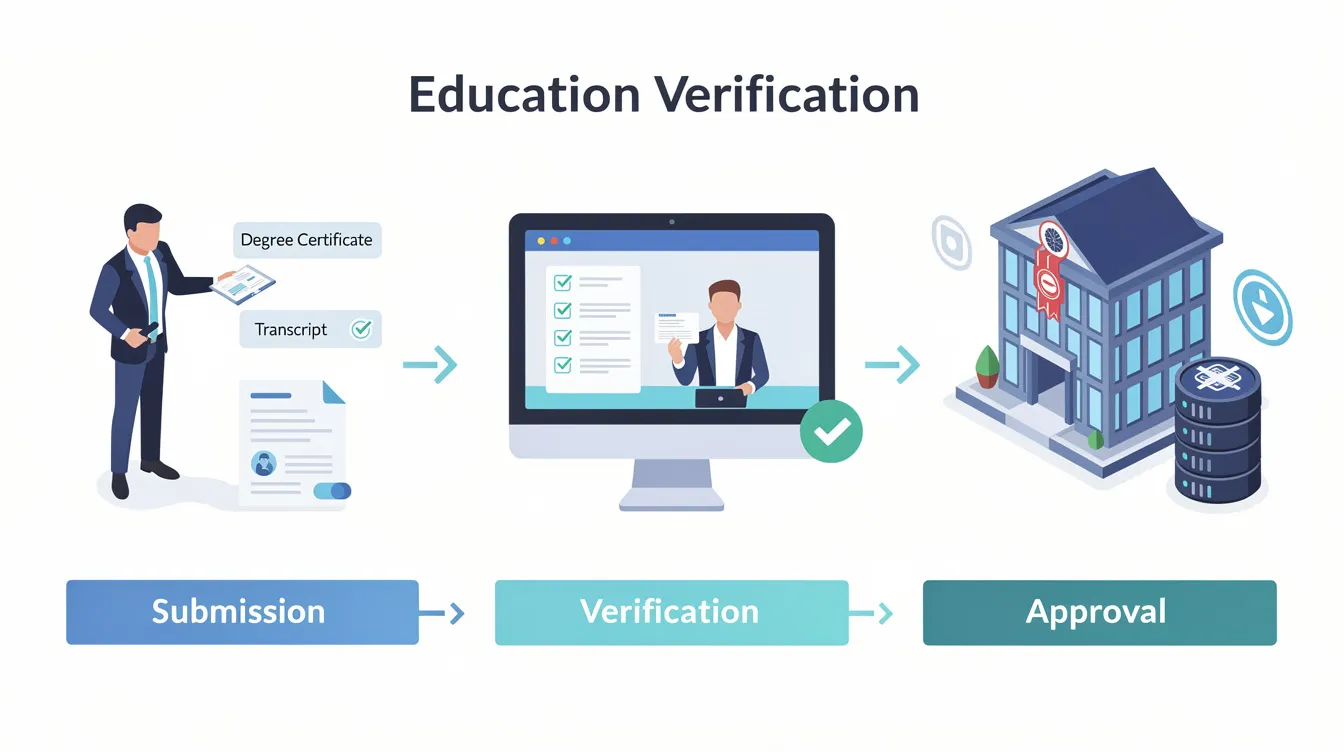 The image depicts a professional setting where HR teams are engaged in the education verification process, examining candidates' academic credentials, including high school diplomas and college degrees. This process is essential for employers to verify education history and ensure that job seekers meet the basic requirements for various positions.