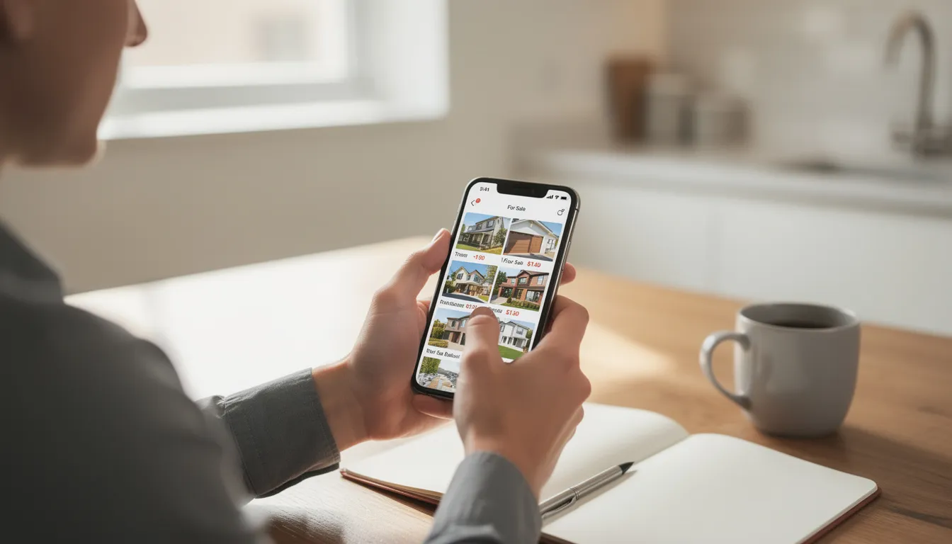 A person is browsing real estate listings on a mobile device, exploring various properties and utilizing search filters to find their ideal home. The image highlights the user-friendly interface of a real estate website, likely powered by the best WordPress IDX plugin, showcasing MLS listings and advanced features for property searches.