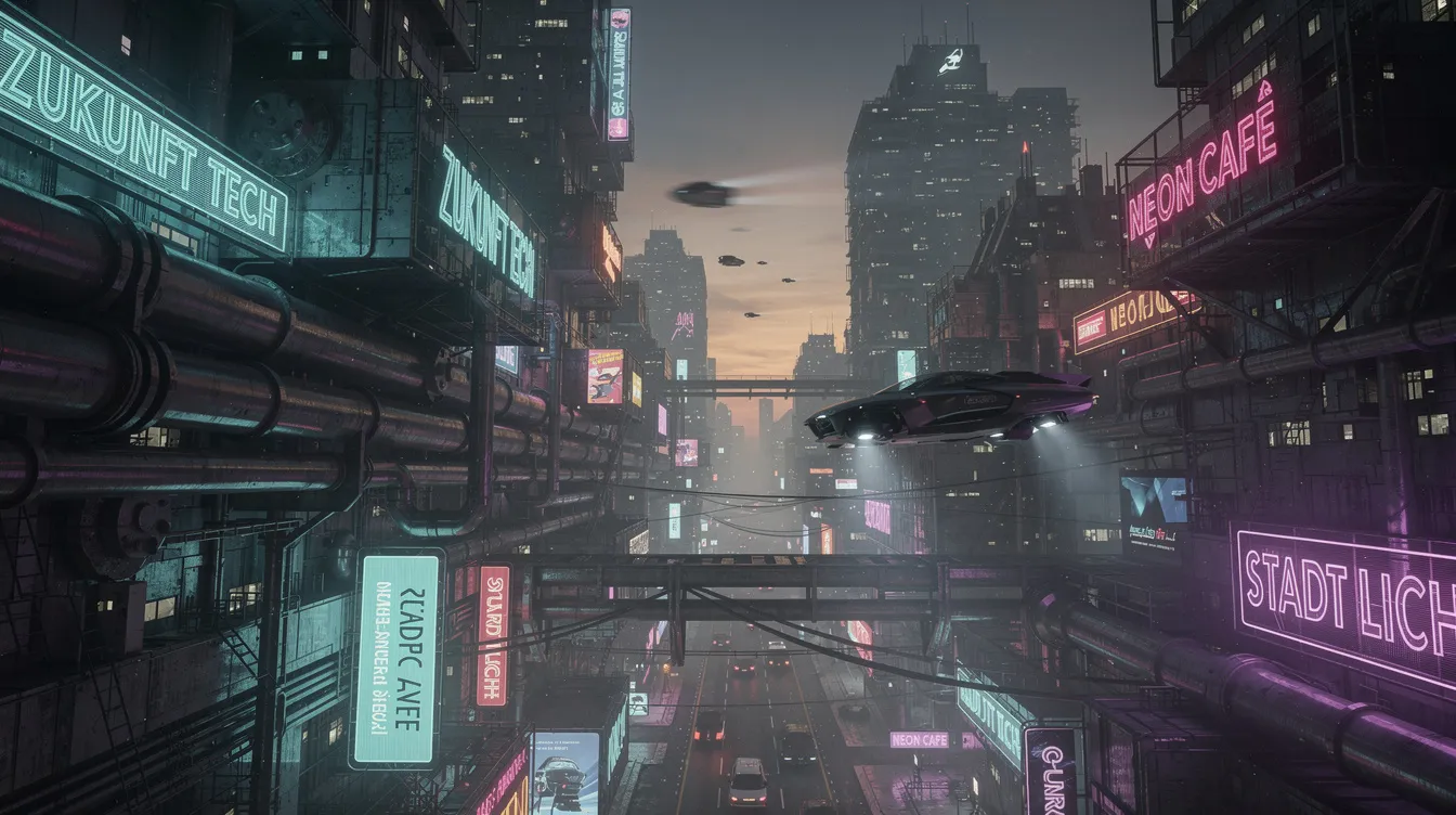 Die futuristische Stadtlandschaft zeigt übereinandergeschichtete Gebäude, komplexe Rohrleitungen und leuchtende Reklameschilder, während ein schwebendes Fahrzeug in der Dämmerung schwebt. Diese Szene erinnert an die dystopische Welt von Ridley Scotts "Blade Runner", in der Science-Fiction-Elemente und Film Noir miteinander verschmelzen.