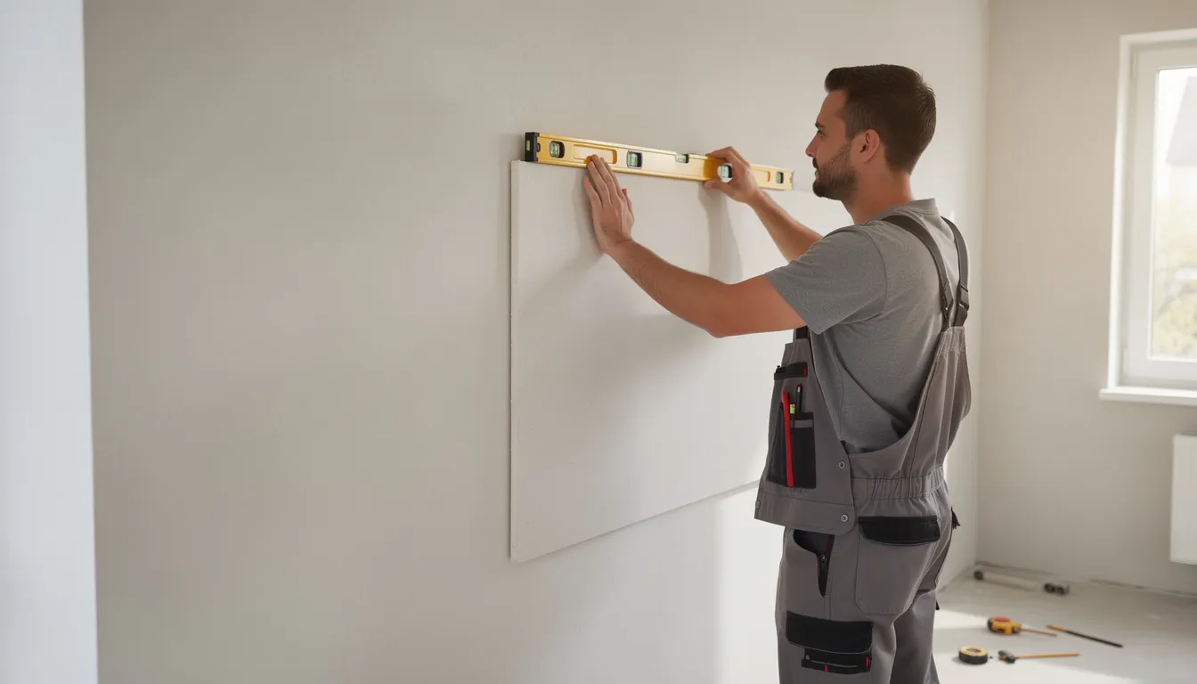 Een persoon plaatst een kunststof wandpaneel tegen een muur met behulp van een waterpas, wat zorgt voor een nauwkeurige en eenvoudige montage. Dit paneel, met een stijlvolle marmerlook, is perfect voor vochtige ruimtes zoals badkamers en biedt een praktische en onderhoudsvriendelijke oplossing voor een snelle renovatie.