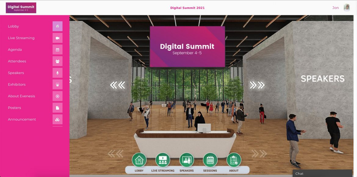 evenesis hybrid event feature with virtual lobby for online attendees
