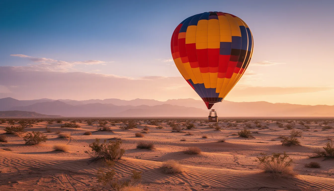 A colorful hot air balloon floats gracefully above the desert plains of Morocco at sunrise, with the majestic High Atlas Mountains visible in the distance, offering breathtaking views and an unforgettable experience for those on a balloon flight. The vibrant colors of the balloon contrast beautifully against the soft morning sky, creating a stunning scene in this diverse landscape.