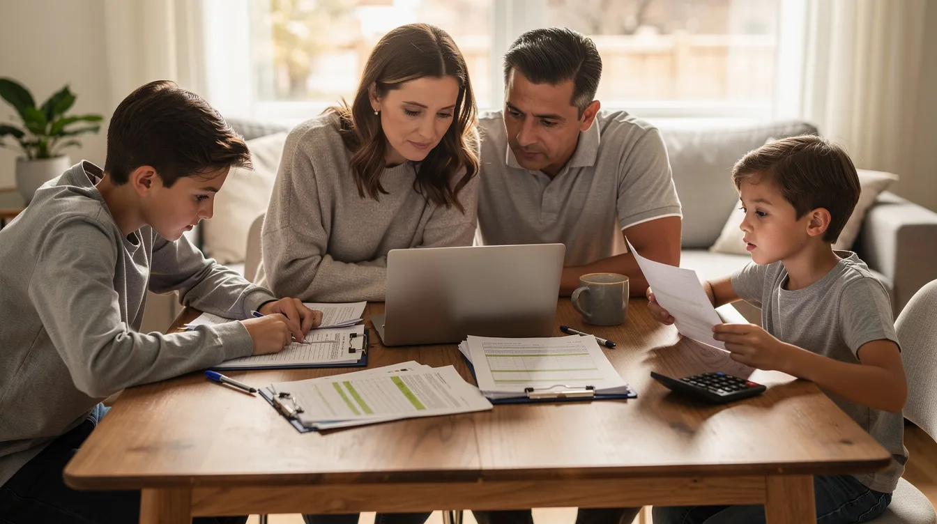 A family is gathered around a table, reviewing important documents related to their legal residence in Spain, including their residence permits and identification documents. They appear focused and engaged, possibly discussing their application for a TIE card or other necessary paperwork for their stay in the country.