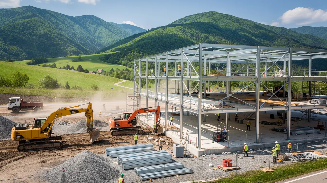The image depicts an active construction site nestled in a green mountain landscape, featuring steel framing and heavy equipment such as cranes and excavators. This scene highlights the dynamic nature of construction projects, where unforeseen site conditions and project delays may arise, necessitating careful management of contract documents and change orders.