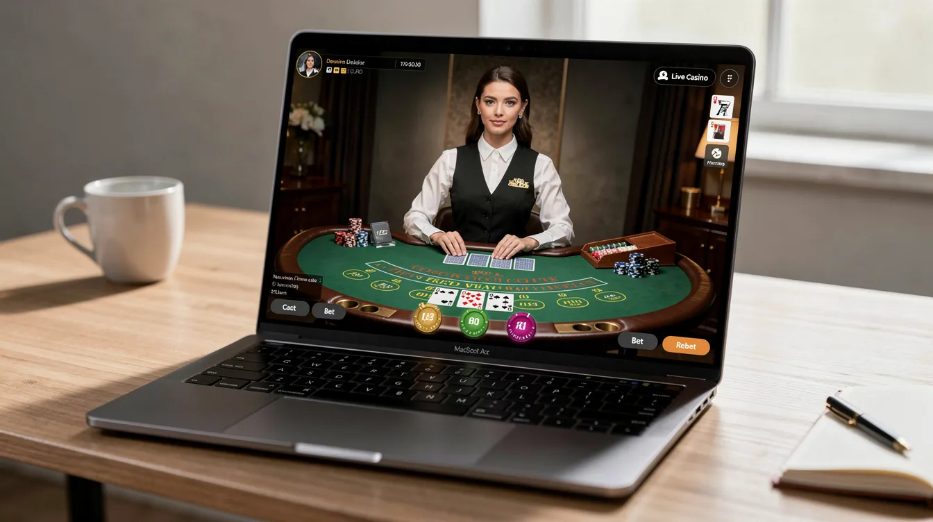 An open laptop sits on a desk, displaying a live dealer casino game being streamed, showcasing the immersive experience of online casinos. The scene highlights the growing popularity of live dealer games among players looking for engaging options in the UK online casino market.