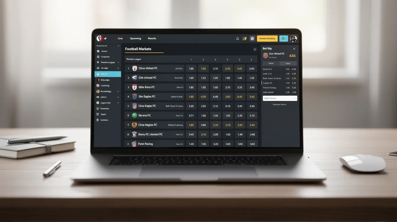 The image shows a laptop on a desk displaying various sports betting markets and competitive odds for upcoming football matches. This setup highlights the accessibility of online betting options, including non Gamstop betting sites and UK sports betting sites, catering to bettors looking for the best odds and betting opportunities.