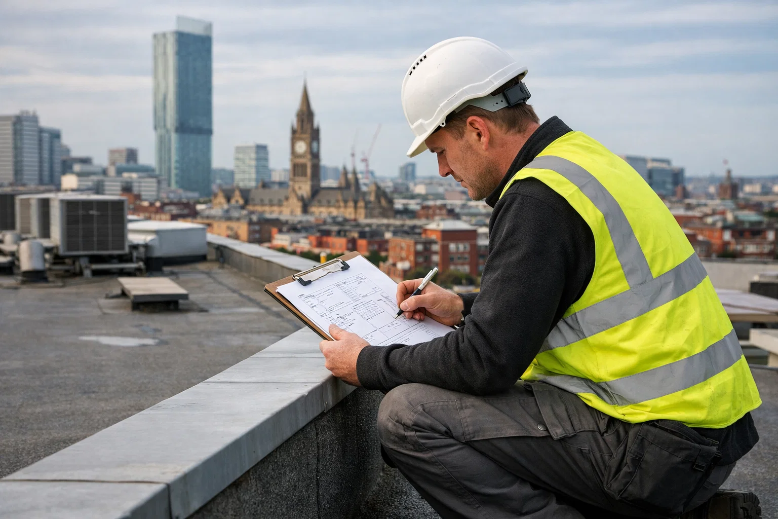 Professional roofer assessing a commercial roof in Manchester