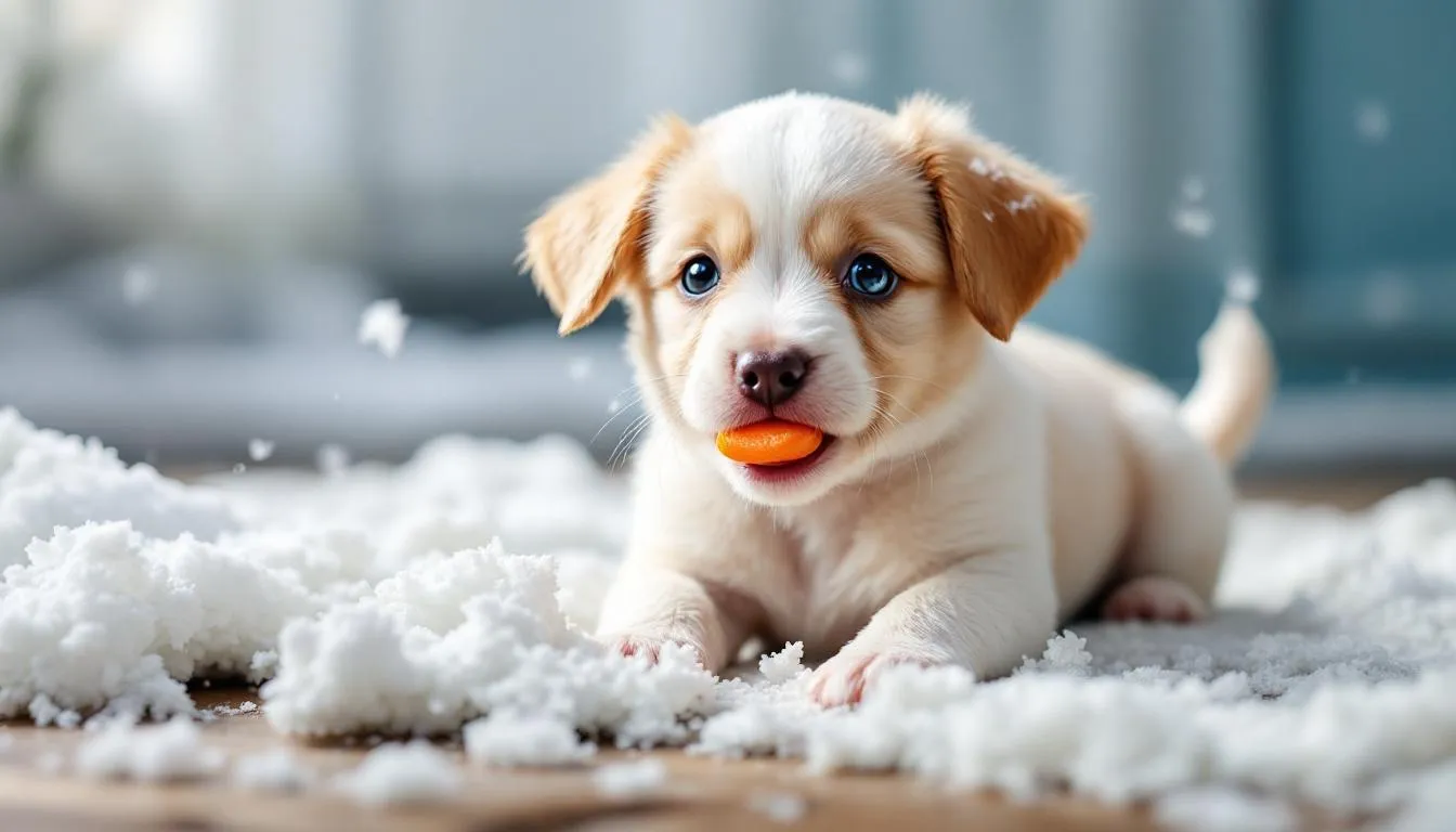Na obrazku widoczny jest mały szczeniak bawiący się zamrożonym kawałkiem marchewki, co może być świetnym sposobem na urozmaicenie diety psa. Marchewka, będąca dobrym źródłem witamin i błonnika, jest zdrową przekąską dla czworonogów.