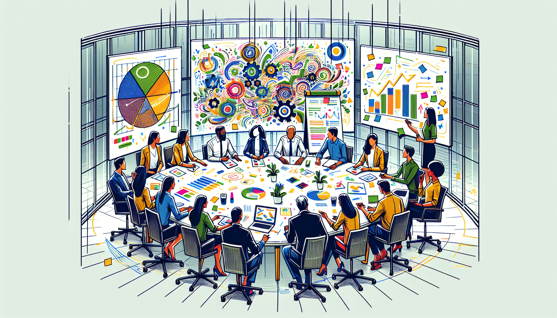 Illustration of a diverse group of employees discussing compensation and benefits