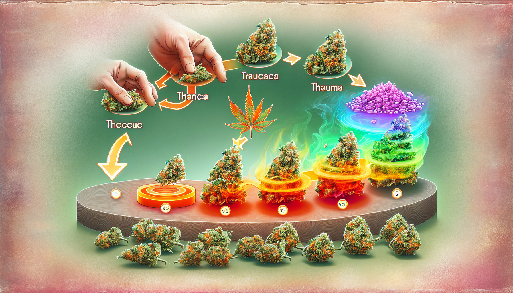 An illustration representing the process of decarboxylation, converting THCA to THC.