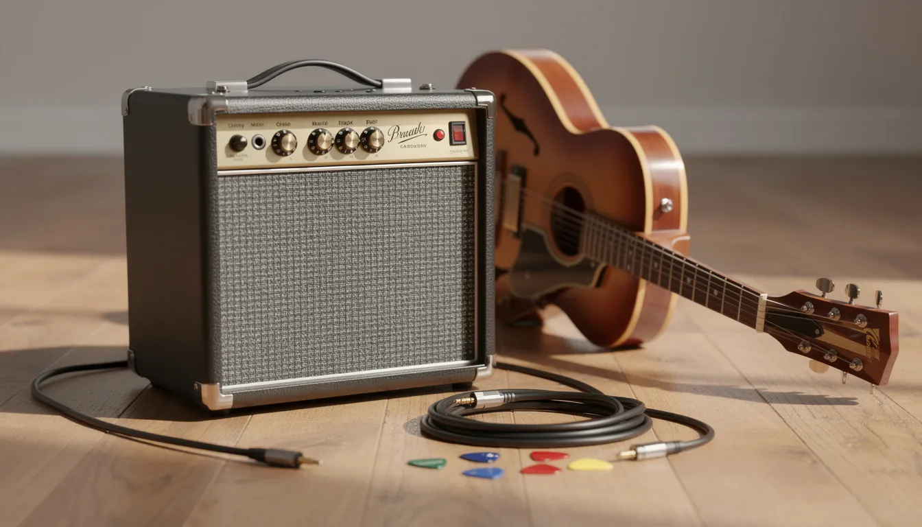 Auf dem Bild ist ein kleiner Übungsverstärker zu sehen, der neben einer E-Gitarre steht. Das Zubehör umfasst Kabel und Picks, die für Gitarristen wichtig sind, um die besten Modelle wie die Fender Stratocaster oder Squier Classic Vibe zu nutzen.