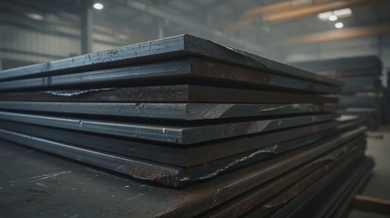A close-up view of dark steel plates stacked in a warehouse reveals their rough surface finish and slight oxidation, indicative of cold rolled or hot rolled steel. The texture highlights surface imperfections that may be present in raw materials before further processing.