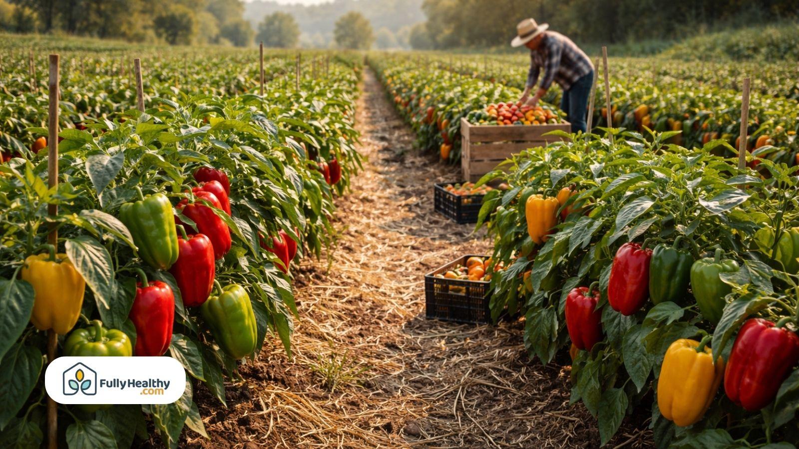 Farmer harvesting bell peppers in field showing pepper plant growth