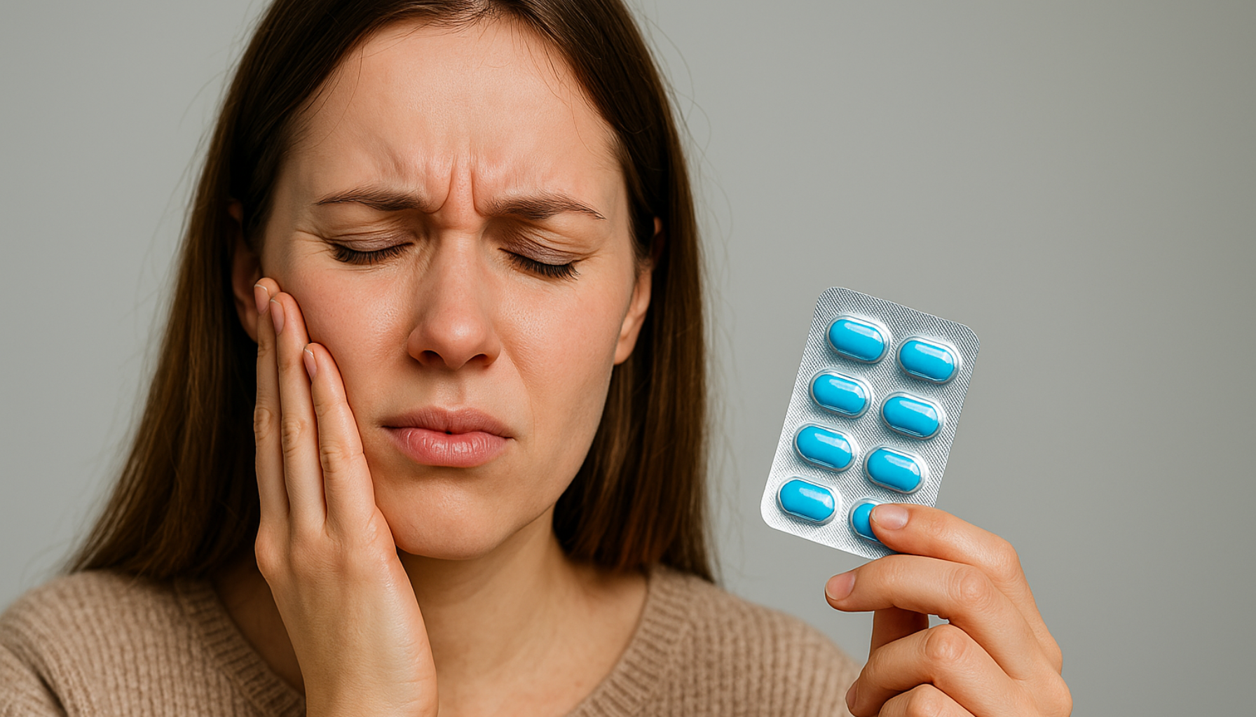 Ung kvinne med tannverk holder kinnet og en blisterpakning med blå Naproxen-tabletter, mot grå bakgrunn.