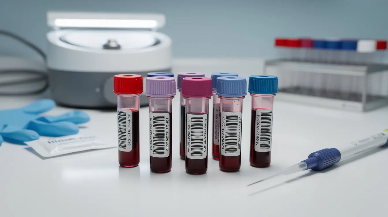 The image shows several blood vials alongside various lab equipment on a clinical counter, suggesting a setting focused on health research and testing, possibly related to subjects like cognitive function or vitamin D levels as discussed by Peter Attia. The presence of these items indicates a professional environment where blood analysis and supplementation efficacy are being examined.